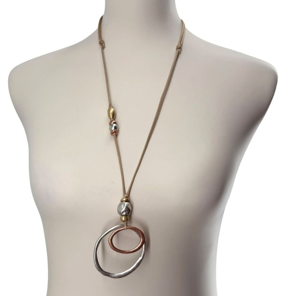 J Jill Mixed Metal Necklace Adjustable Cord Double Circle Pendant Boho Artisan - Picture 2 of 11